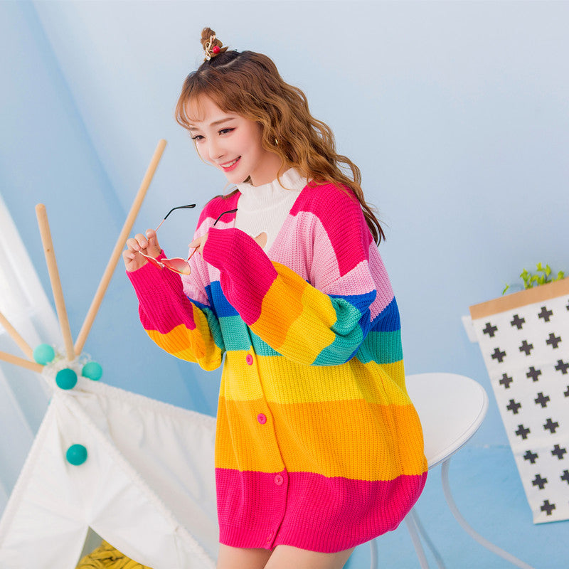 Winter rainbow colorblock cardigan sweater PL20822