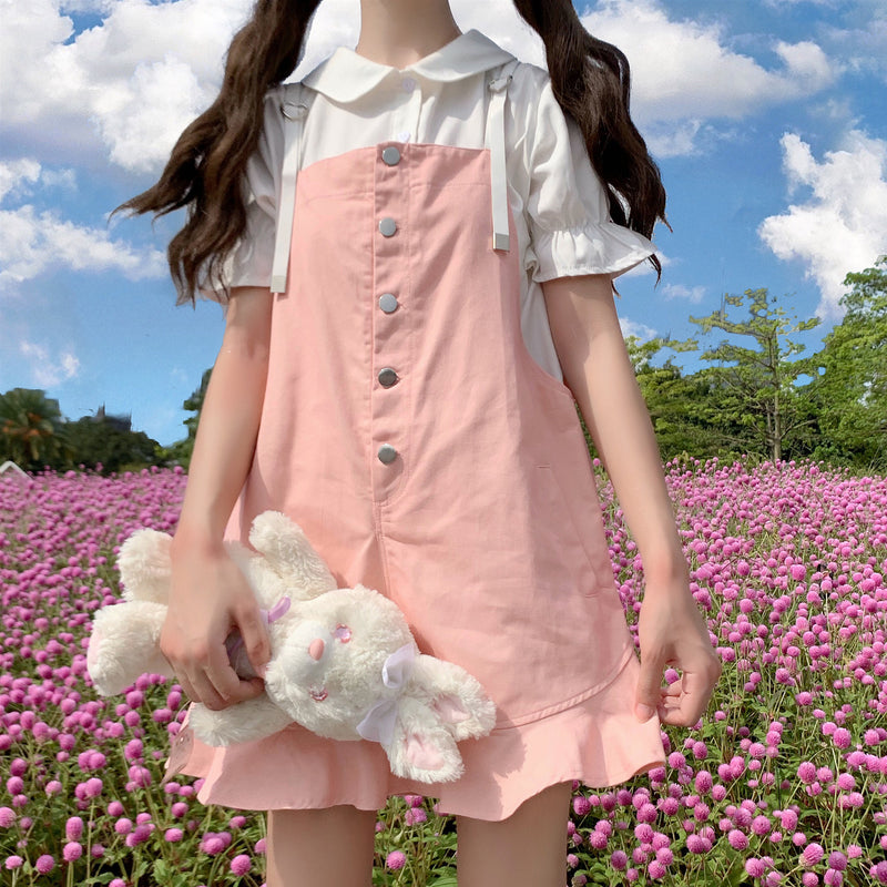 Cute girly white shirt + pink overalls  PL51418