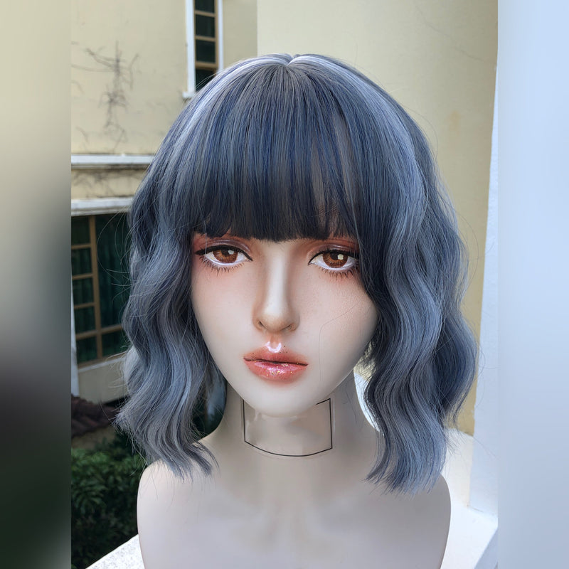 Harajuku blue gray short curly hair wig PL51474