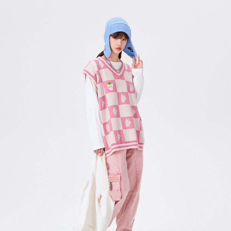 Strawberry Check Knitted Vest PL51899