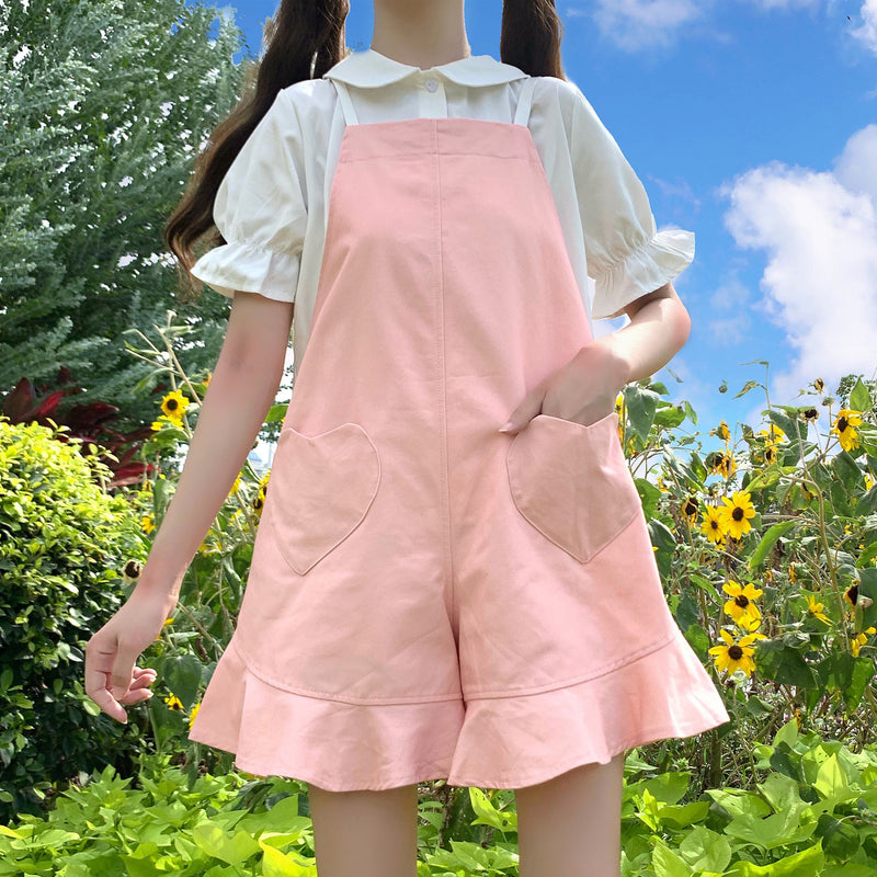 Cute girly white shirt + pink overalls  PL51418