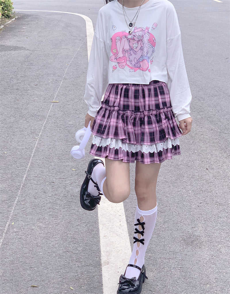 Black pink check pleated skirt PL52121