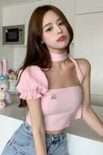 Pink rabbit embroidered halterneck top PL51738