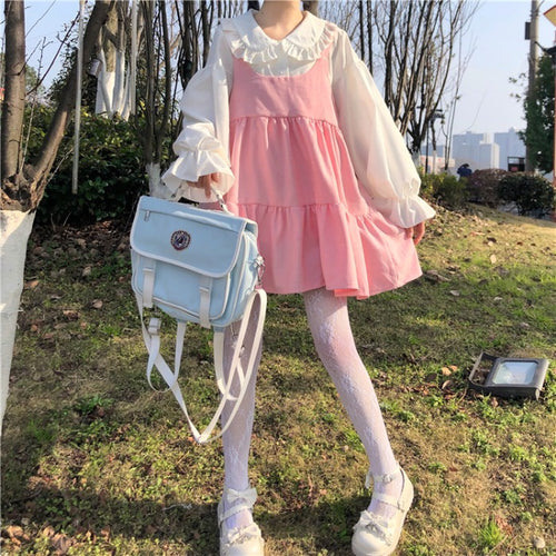 Cute white shirt + pink suspender skirt PL51833