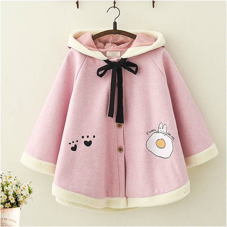 Rabbit ear hooded woolen cape coat PL21253