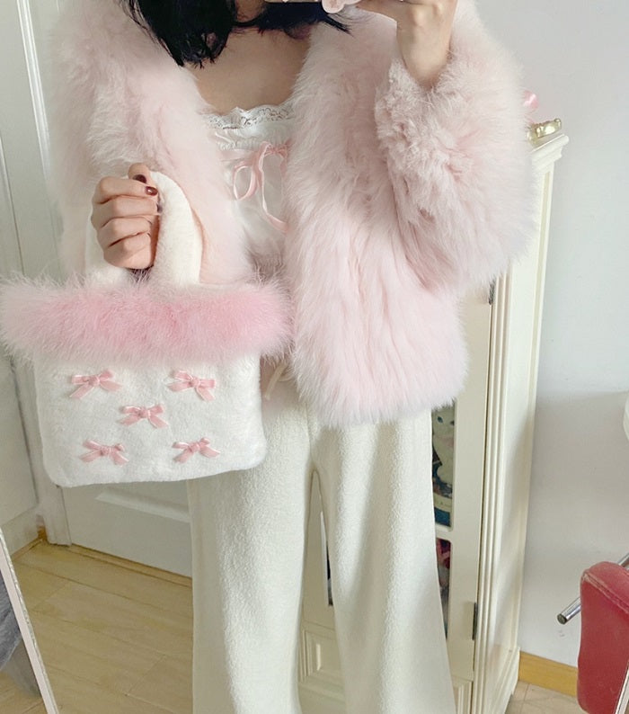 Bowknot pink plush handbag PL52137