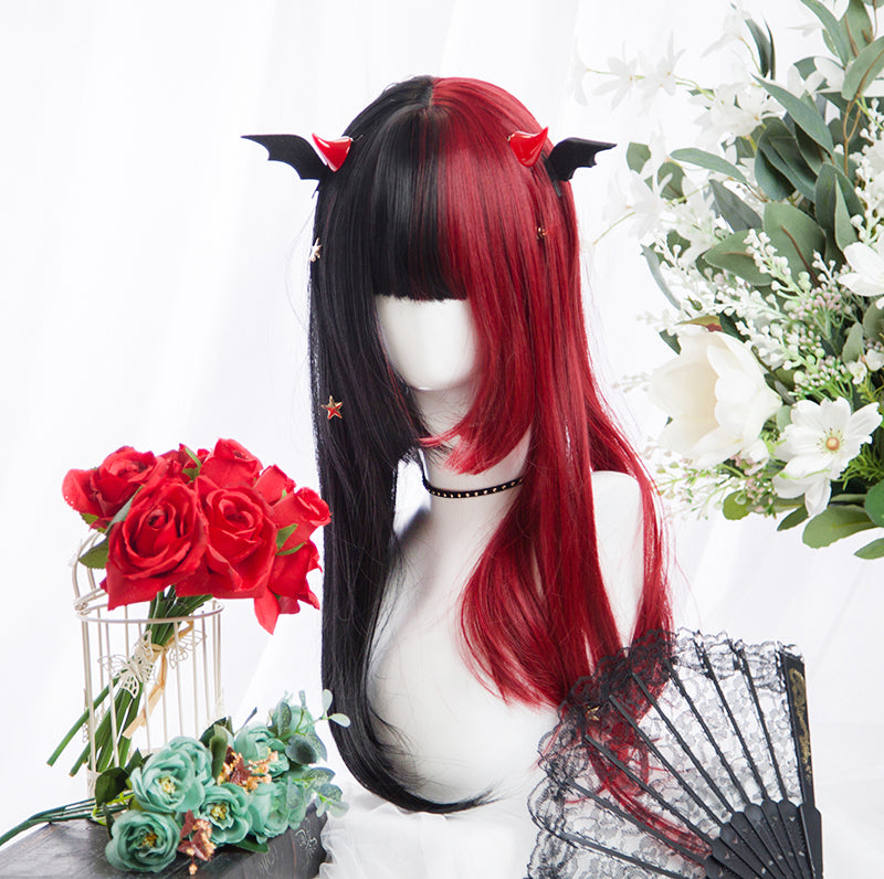 Red black long straight wig PL50378