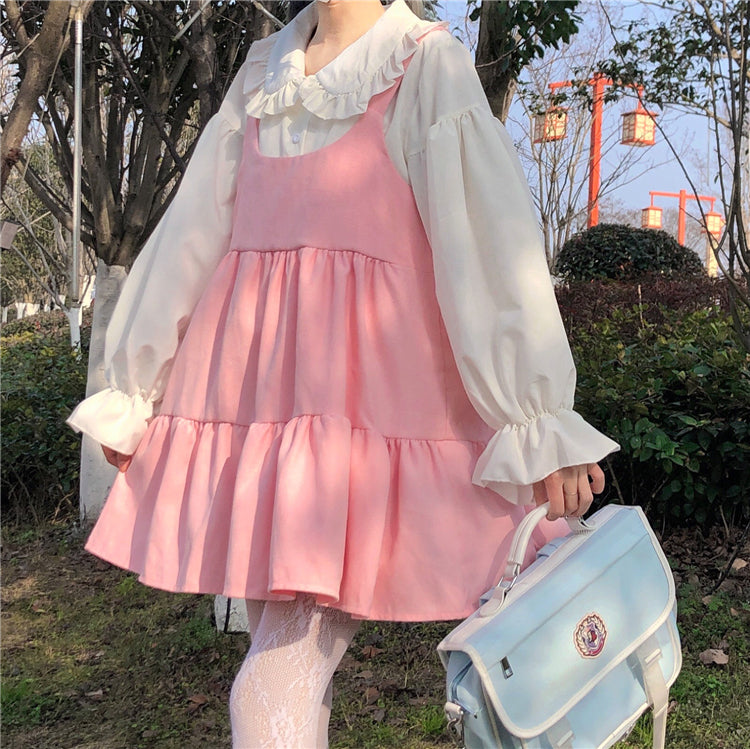 Cute white shirt + pink suspender skirt PL51833