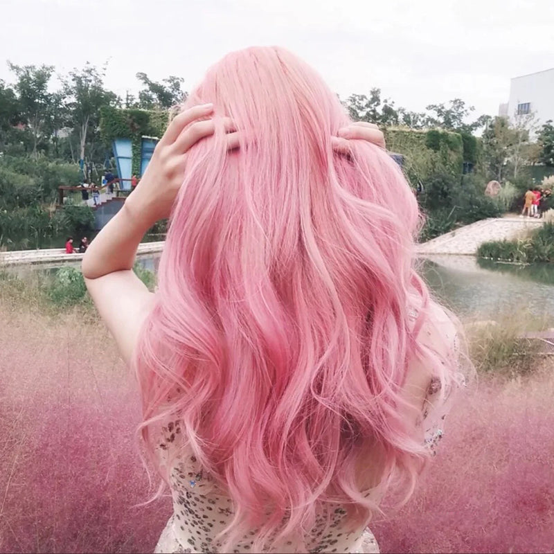 Pink long curly wig PL50693