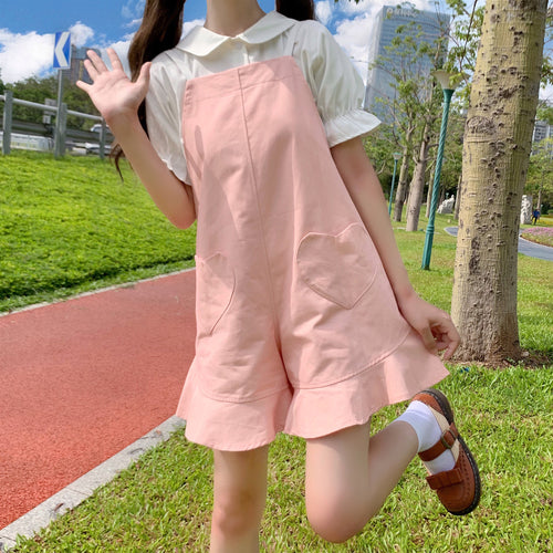 Cute girly white shirt + pink overalls  PL51418