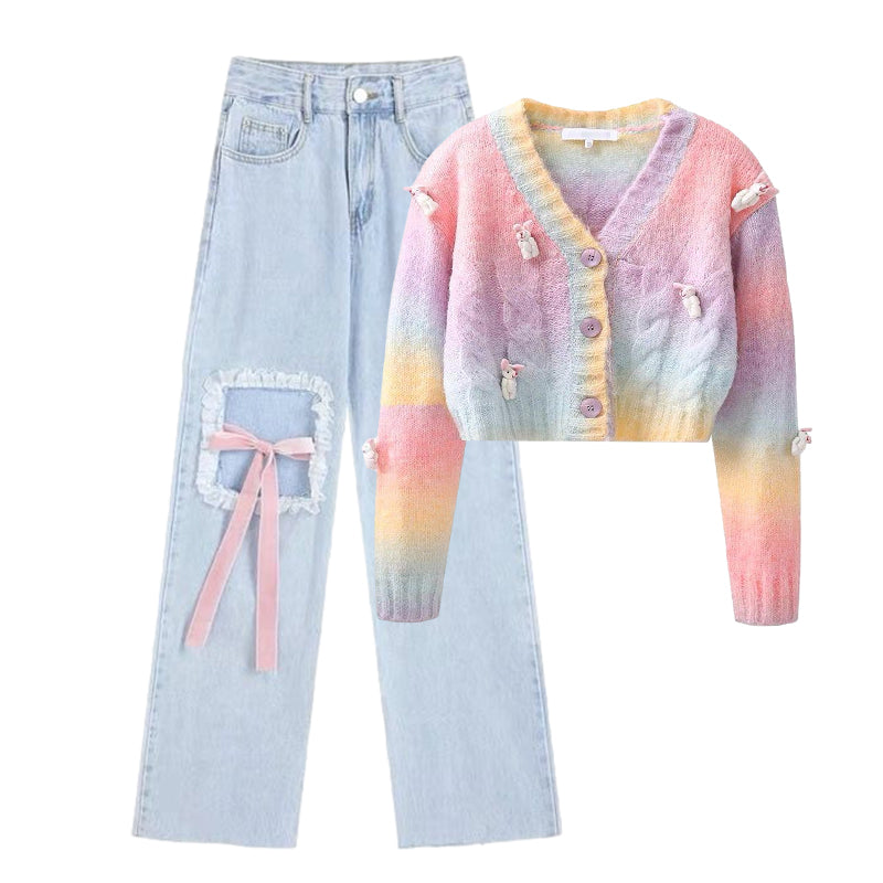 Rainbow knit cardigan + casual trousers PL51979