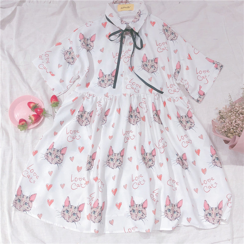 Cat Print Short Sleeve Dress PL20213