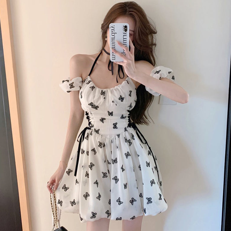 White Butterfly Print Dress  PL52384