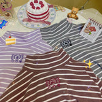 High neck striped fruit embroidery T-shirt PL51372