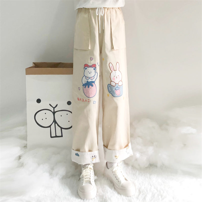 Cute bear embroidered casual pants  PL52532