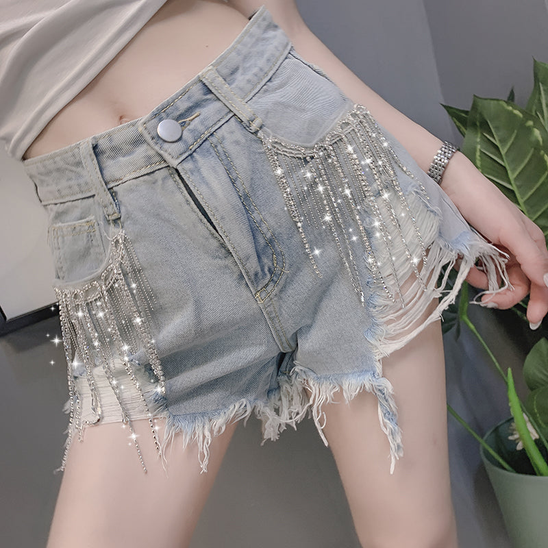 Fringed rhinestone denim shorts PL51577