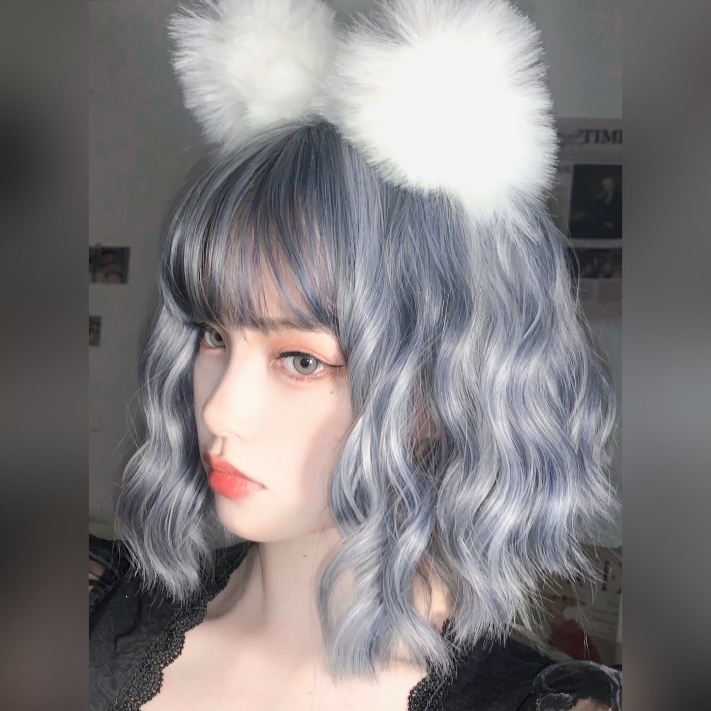 Harajuku blue gray short curly hair wig PL51474