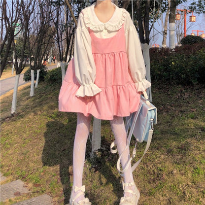 Cute white shirt + pink suspender skirt PL51833