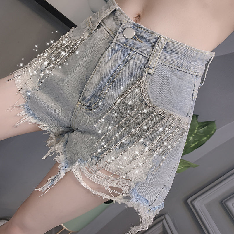 Fringed rhinestone denim shorts PL51577