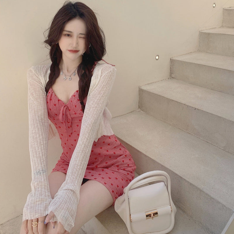 Red Sling Dress + White Cardigan PL52245