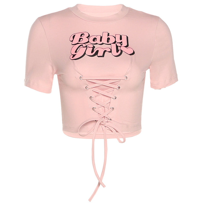 Cute Pink Lace Up Short Sleeve  PL52310