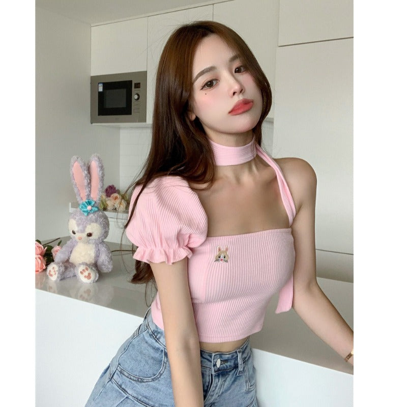 Pink rabbit embroidered halterneck top PL51738