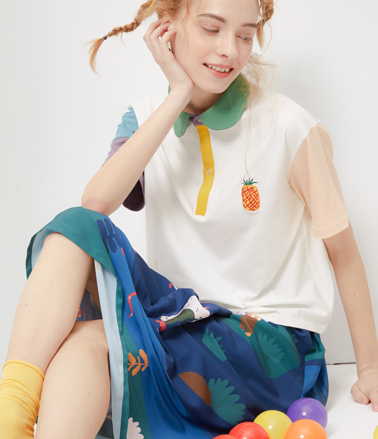 Embroidered colorblock short-sleeved T-shirt PL20398