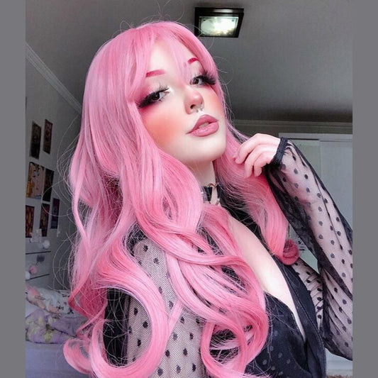 Pink long curly wig PL50693