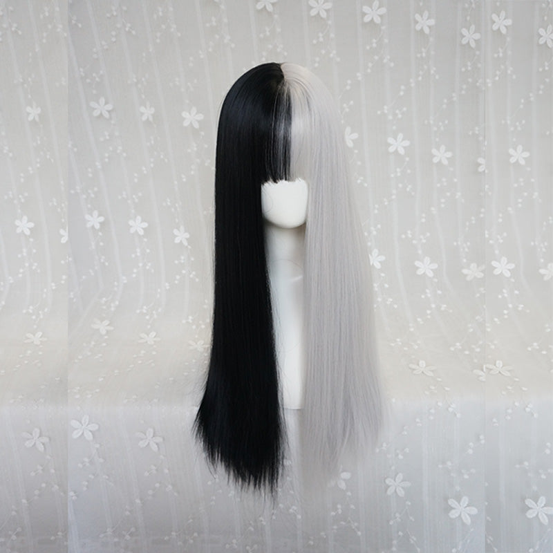 Black and white long straight wig PL50717