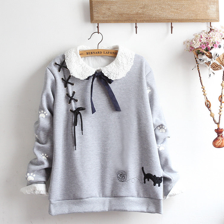 Lace-up cat loose plus velvet sweater + shirt PL20373