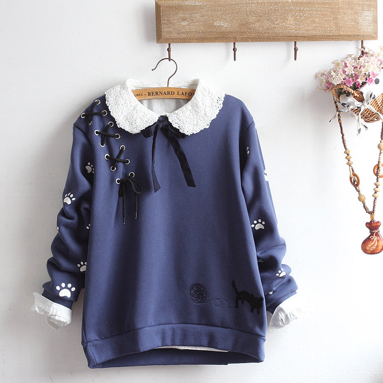 Lace-up cat loose plus velvet sweater + shirt PL20373